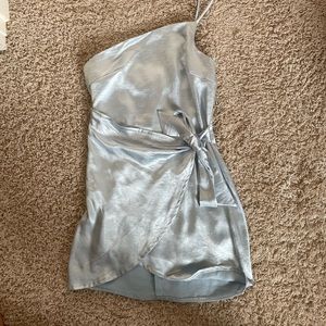 One shoulder baby blue satin mini dress